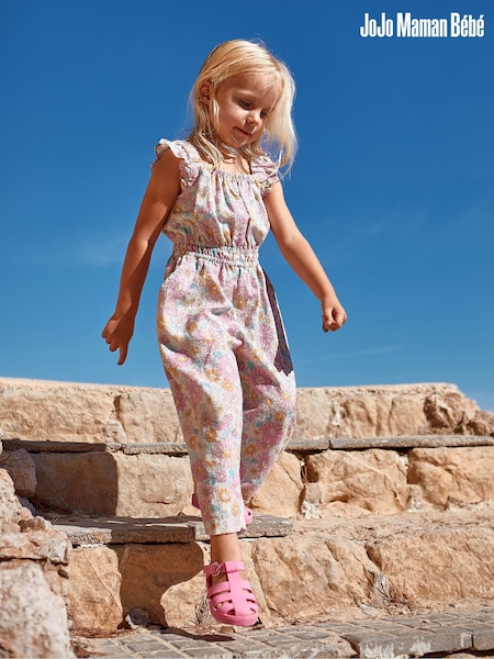 JoJo Maman Bébé Pink Sunflower Cotton Linen Frill Shoulder Jumpsuit (Q80773) | €38