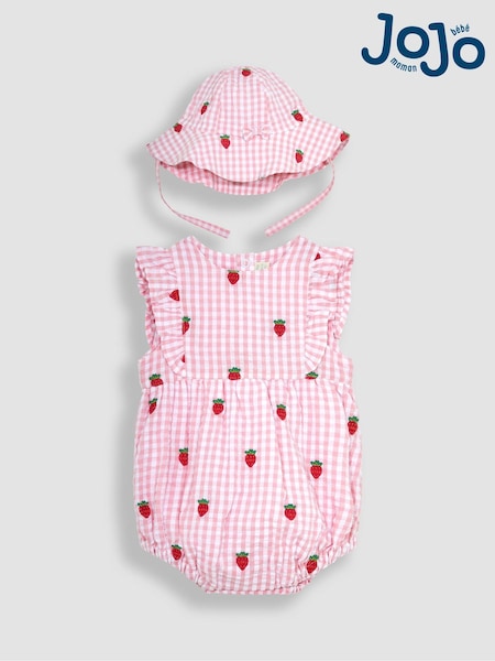 JoJo Maman Bébé Pink 2-Piece Strawberry Embroidered Bubble Romper & Hat Set (Q80777) | €49