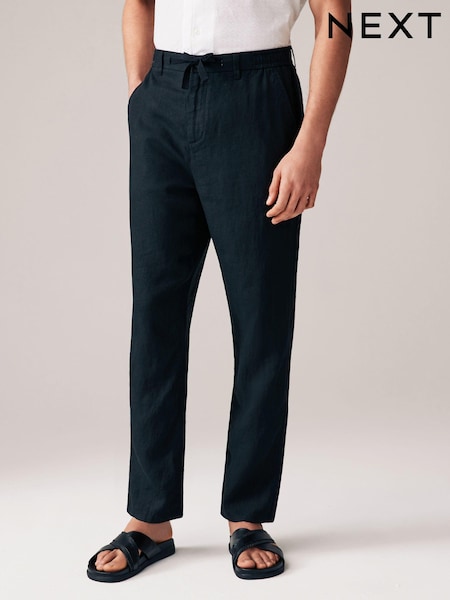 Black Signature Leomaster Italian Delave 100% Linen Drawstring Trousers (Q80789) | € 19