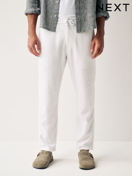 White Linen Viscose Drawstring Trousers (Q80790) | AED85