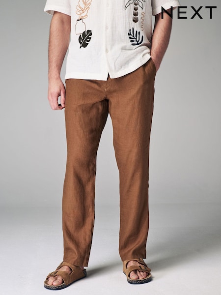 Rust Brown 100% Linen Drawstring Trousers (Q80798) | $59