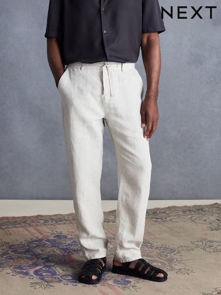 Light Grey Signature Leomaster Italian Delave 100% Linen Drawstring Trousers (Q80799) | €23.50