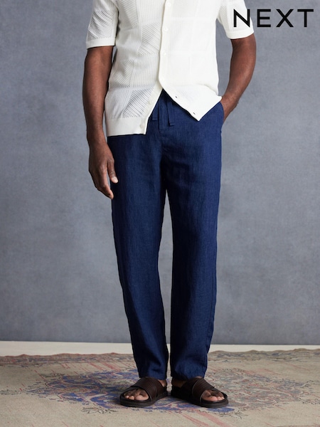 Navy Blue Signature Leomaster Italian Delave 100% Linen Drawstring Trousers (Q80818) | €14