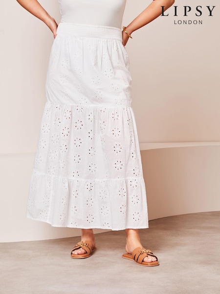 Lipsy White Broderie Curve Tiered Maxi Skirt (Q80830) | €22.50