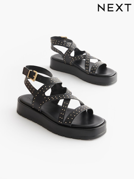 Black Studded Forever Comfort® Leather Strappy Flatform Sandals (Q80840) | AED100