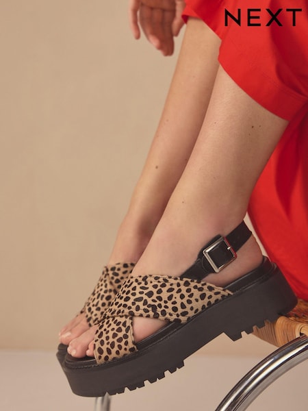 Animal Leather Chunky Cross Strap Sandals (Q80849) | AED105