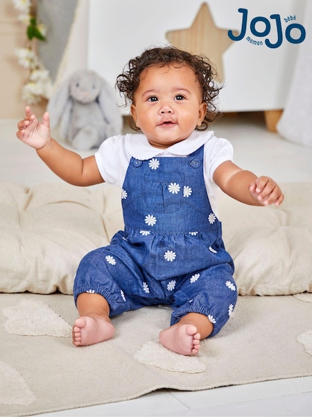 JoJo Maman Bébé Chambray Blue Daisy Embroidered Dungarees (Q80882) | €18.50