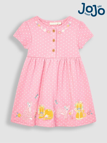 JoJo Maman Bébé Pink Lion & Tiger Spot Appliqué Button Front Jersey Dress (Q80903) | €37
