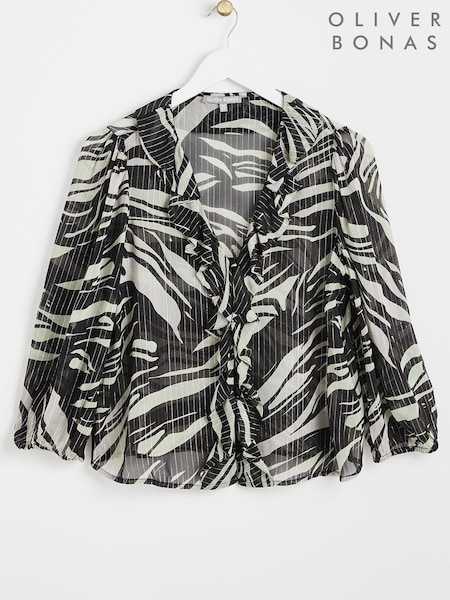 Oliver Bonas Metallic Stripe Frill V-Neck Black Blouse (Q81033) | €18.50