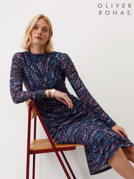 Oliver Bonas Blue Feather Print Mesh Midi Dress (Q81078) | €47.50