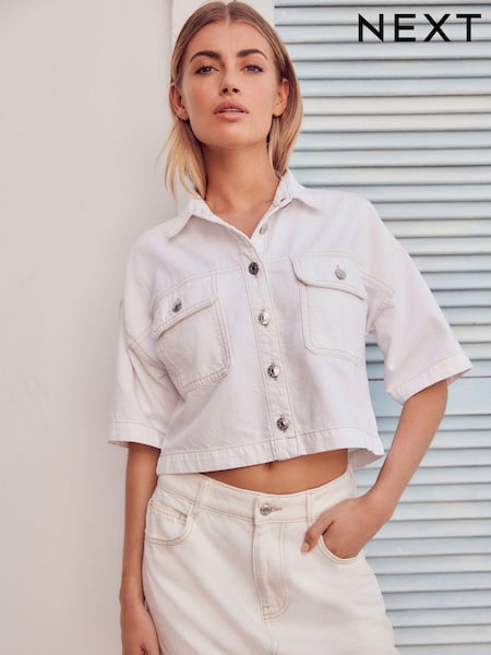 White 100% Cotton Cropped Oversized Denim Shirt (Q81299) | €5