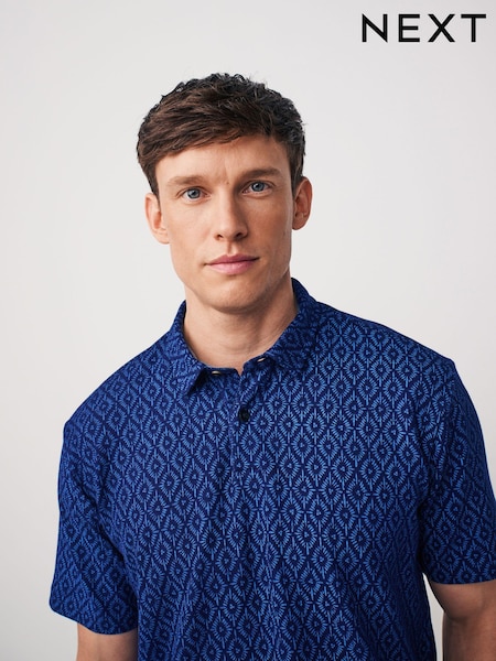 Indigo Blue 100% Cotton Textured Print Polo Shirt (Q81383) | €13