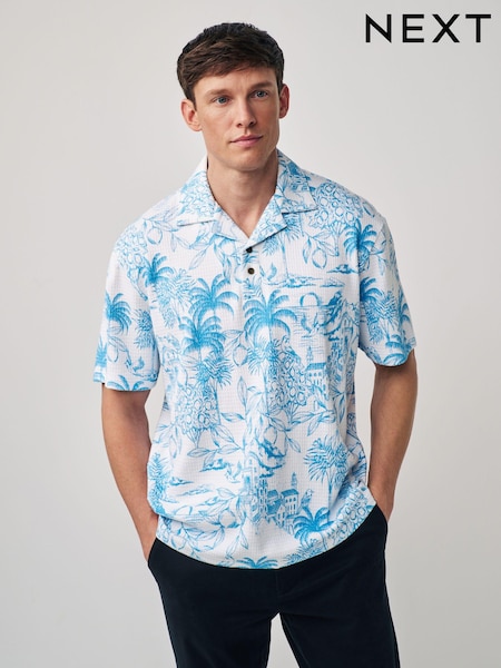 White/Blue 100% Cotton Textured Print Polo Shirt (Q81402) | €15