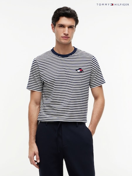 Blue - Regular Tommy Hilfiger Wavy Flag Patch Stripe T-shirt
