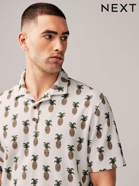 Ecru Pineapple Textured Print Polo Shirt (Q81427) | €13