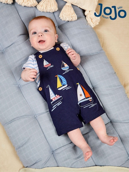 JoJo Maman Bébé Navy Blue Boat Appliqué Short Dungarees & T-Shirt Set (Q81673) | €45