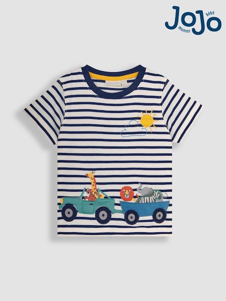 JoJo Maman Bébé Ecru Navy Stripe Safari Animals Appliqué Border T-Shirt (Q81753) | €27