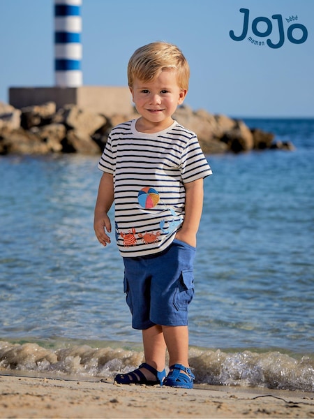 JoJo Maman Bébé Ecru Navy Stripe Crab Appliqué Border T-Shirt (Q81759) | €28
