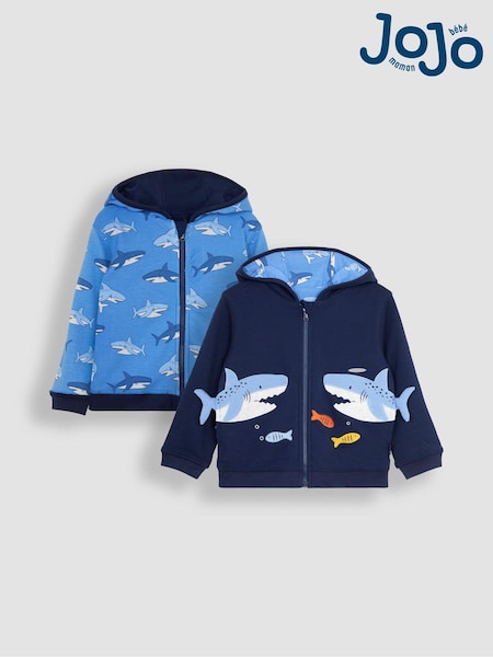 JoJo Maman Bébé Navy Blue Shark Appliqué Reversible Hoodie (Q81770) | €43