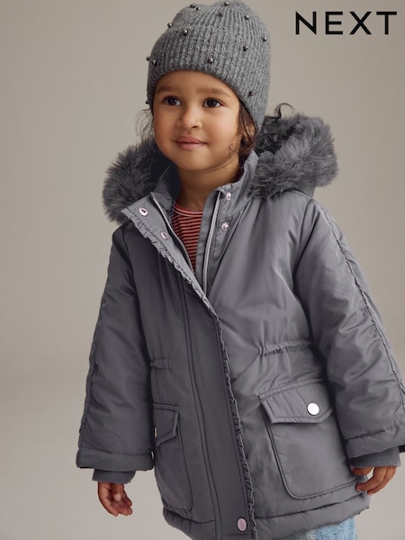 Charcoal Grey Shower Resistant Frill Pocket Parka Coat (3mths-7yrs) (Q81816) | €19 - €22