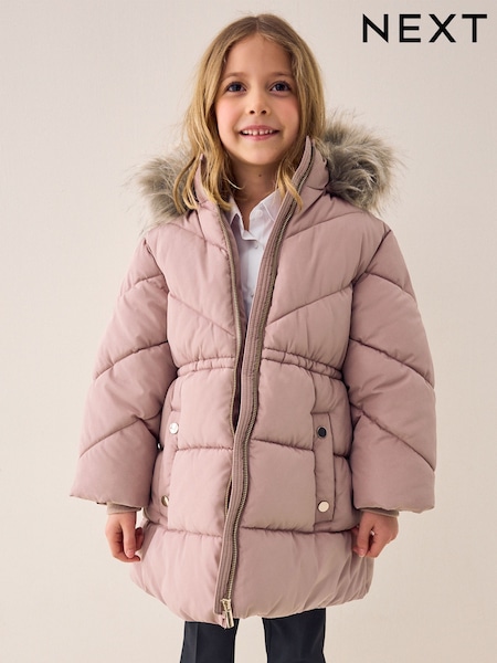 Toffee Pink Shower Resistant Faux Fur Trim Padded Coat (3-16yrs) (Q81857) | $53 - $68