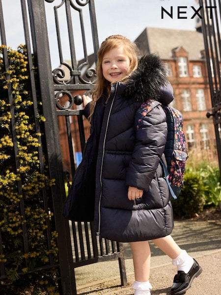 Navy Shower Resistant Faux Fur Trim Padded Coat (3-16yrs) (Q81864) | €10 - €13