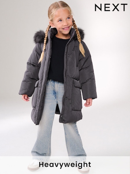 Charcoal Grey Shower Resistant Faux Fur Trim Padded Coat (3-16yrs) (Q81872) | AED138 - AED174