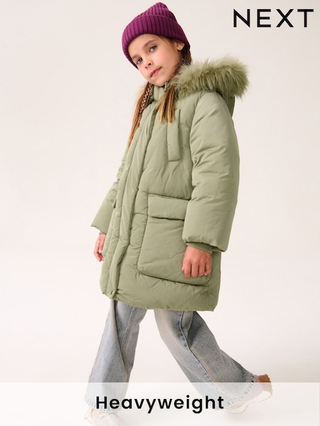 Green Shower Resistant Faux Fur Trim Padded Coat (3-16yrs) (Q81873) | AED138 - AED174