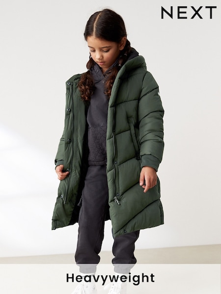 Khaki Green Longer Length Shower Resistant Faux Fur Lined Hooded Padded Coat (3-16yrs) (Q81874) | AED198 - AED249