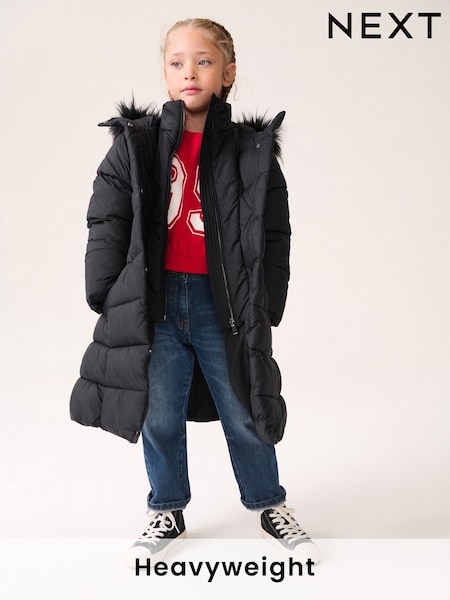 Black Shower Resistant Faux Fur Trim Double Layer Padded Coat (3-16yrs) (Q81881) | €44 - €54