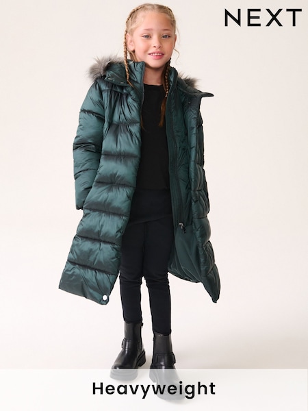 Green Shower Resistant Faux Fur Trim Double Layer Padded Coat (3-16yrs) (Q81897) | AED42 - AED52