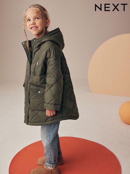 Khaki Green Shower Resistant Oversized Quilted Coat (3-16yrs) (Q81899) | AED36 - AED46