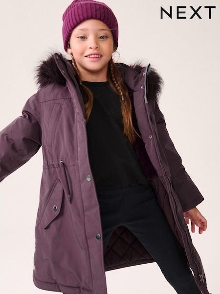 Purple Waterproof Faux Fur Trim Hood Parka Coat (3-16yrs) (Q81914) | €14 - €17