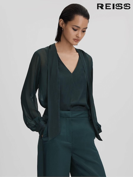 Reiss Green Lula Semi Sheer Satin Tie Neck Blouse (Q82002) | €85