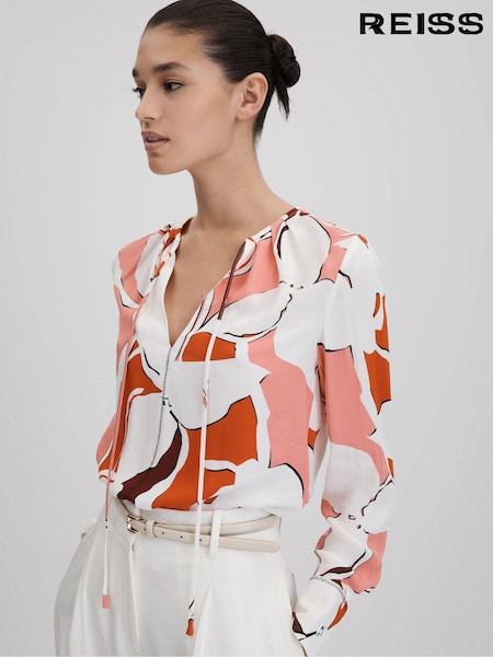 Reiss Cream/Red Tess Printed Tie Neck Blouse (Q82029) | €155