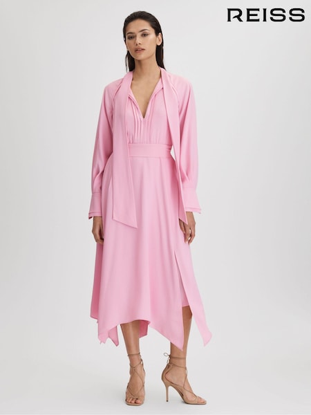 Reiss Pink Erica Tie Neck Zip Front Midi Dress (Q82062) | 1,823 QAR