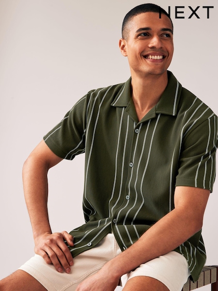 Olive Green Cuban Collar Textured Jersey Short Sleeve 100% Cotton Shirt (Q82160) | €6