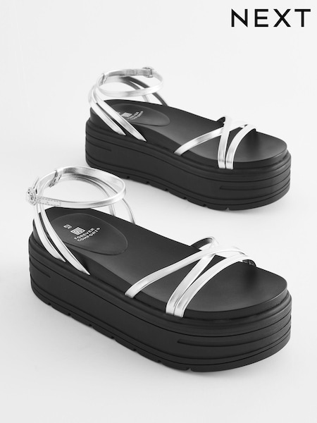 Silver Extra Wide Fit Chunky Strappy Flatform Sandals (Q82164) | €13