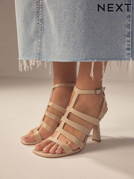 Bone Signature Leather Cage Heeled Sandals (Q82245) | LEI 261