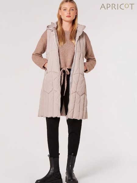 Apricot Grey Geometric Longline Hooded Puffer Gilet (Q82279) | €58