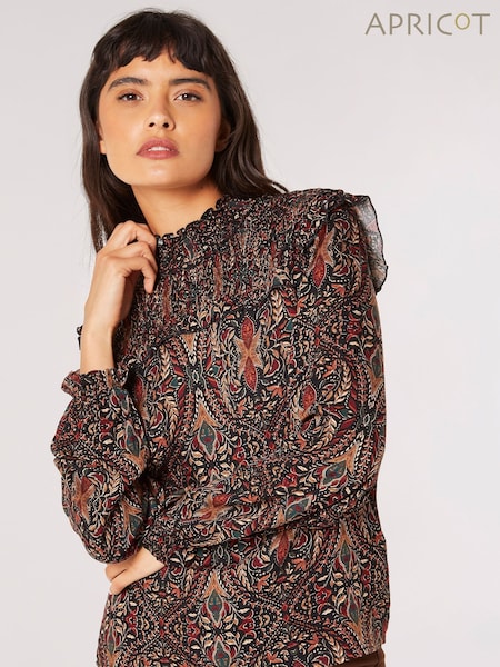 Apricot Black Paisley Long Sleeve Ruffle Top (Q82320) | €18.50