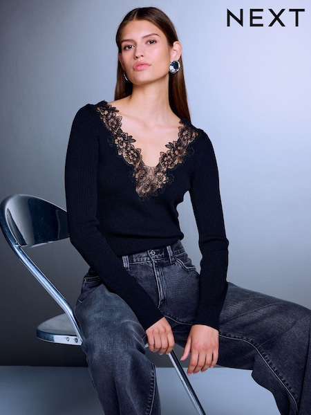أسود - Lace Trim V-neck Long Sleeve Knitted Top