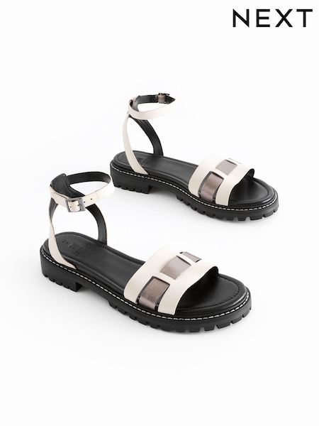 White/Silver Extra Wide Fit Forever Comfort® Leather Cleated Sandals (Q82389) | AED84