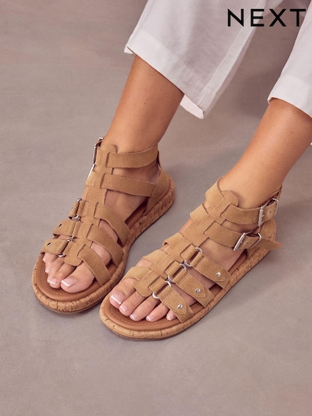 Sand Brown Standard/Wide Fit Forever Comfort® Leather Gladiator Sandals (Q82390) | €57