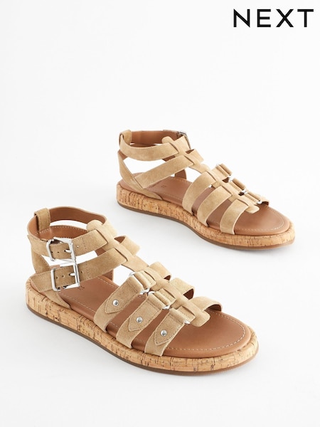 Sand Brown Extra Wide Fit Forever Comfort® Leather Gladiator Sandals (Q82391) | AED94