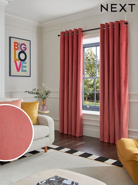 Pink Coral Matte Velvet Blackout/Thermal Eyelet Curtains (Q82515) | €27 - €74