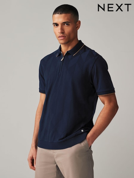 Navy Tan Regular Fit Smart Quarter Zip Polo Shirt (Q82582) | 3,985 ISK