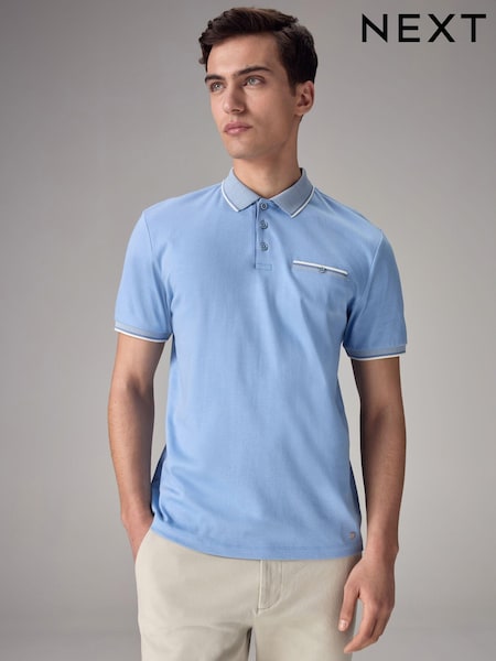 Light Blue 100% Cotton Short Sleeve Smart Collar Polo Shirt (Q82599) | 69 QAR
