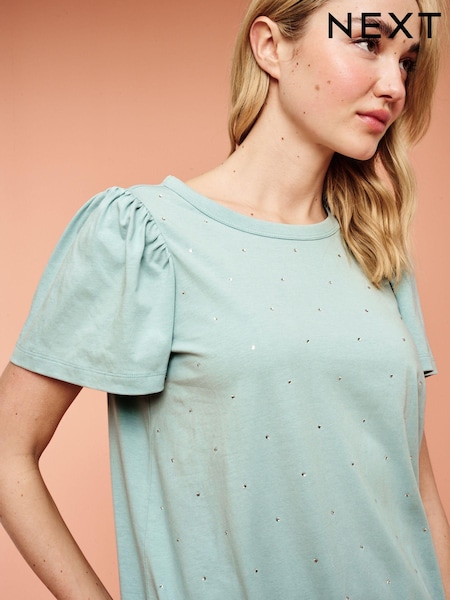 Sage Green 100% Cotton Short Sleeve Sparkle Jersey Bubblehem Top (Q82665) | €11.50