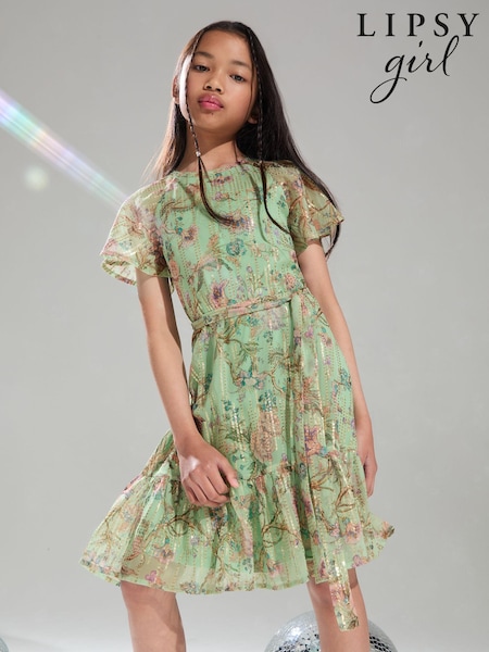 Verde cu flori - Lipsy Sparkle Shift Ocazie Rochie (de la 2-16yri) (Q82813) | 159 LEI - 208 LEI